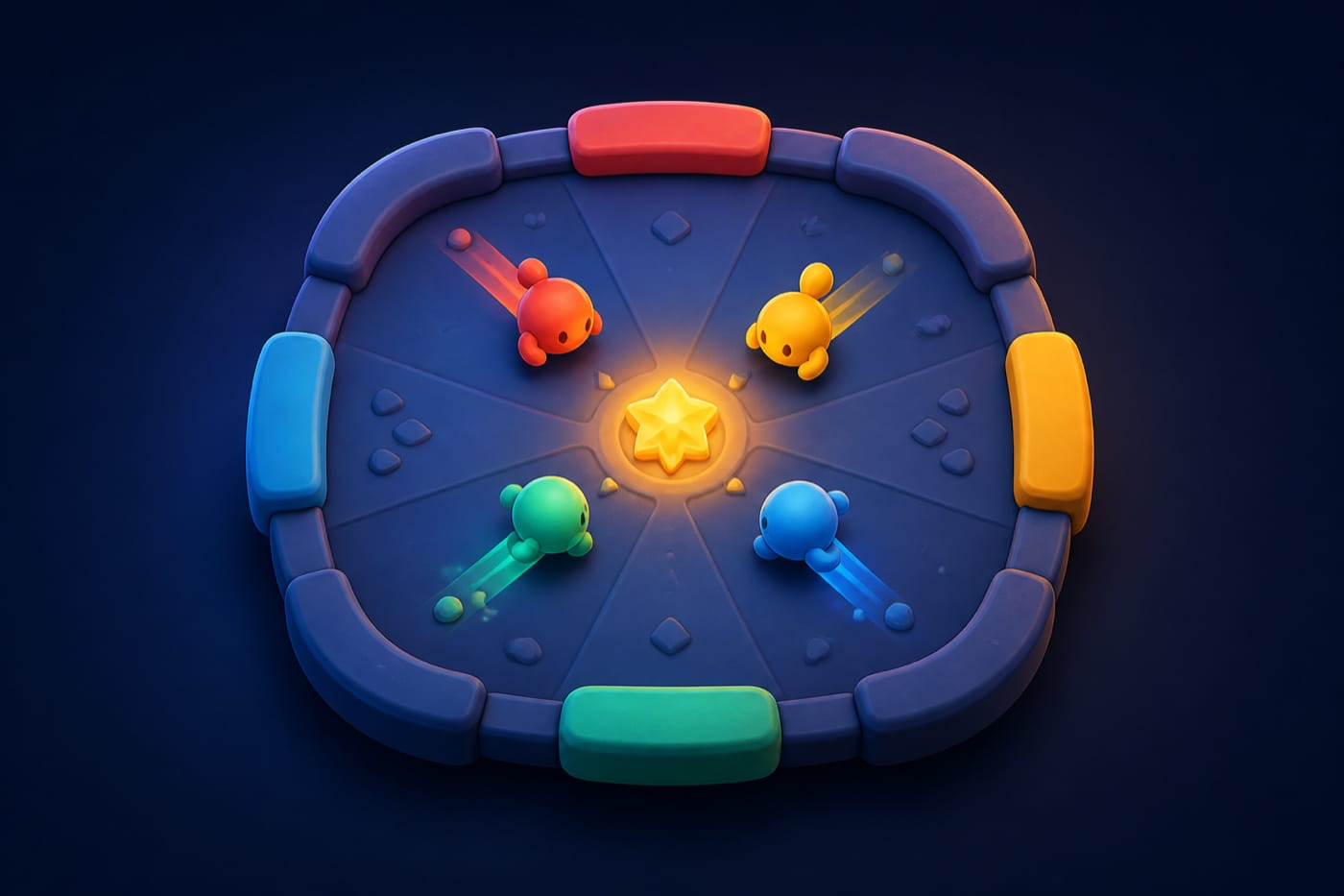 Four colourful game characters racing towards a glowing objective